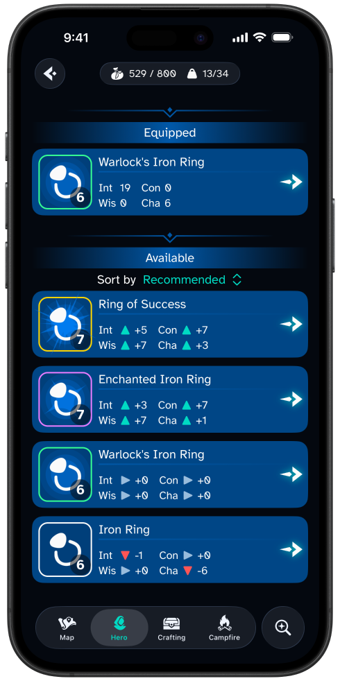 A screenshot showing the player's inventory. They currently have a Wizard's Iron Ring equipped. It appears they have several upgrades available including the legendary Ring of Success and an Enchanted Iron Ring.